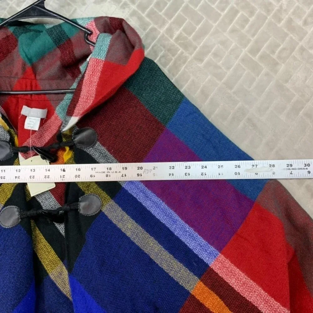 Lake Shore Drive Womens Poncho Toggle Closure Colorful Plaid Fringe Cottage Core - Picture 9 of 16